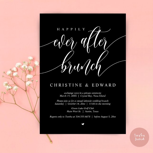 Happily Ever After Elopement Brunch, Classy Black Invitation (Happily Ever After Elopement Brunch Invitation Card, Post-wedding, PDF, in Classy Black)