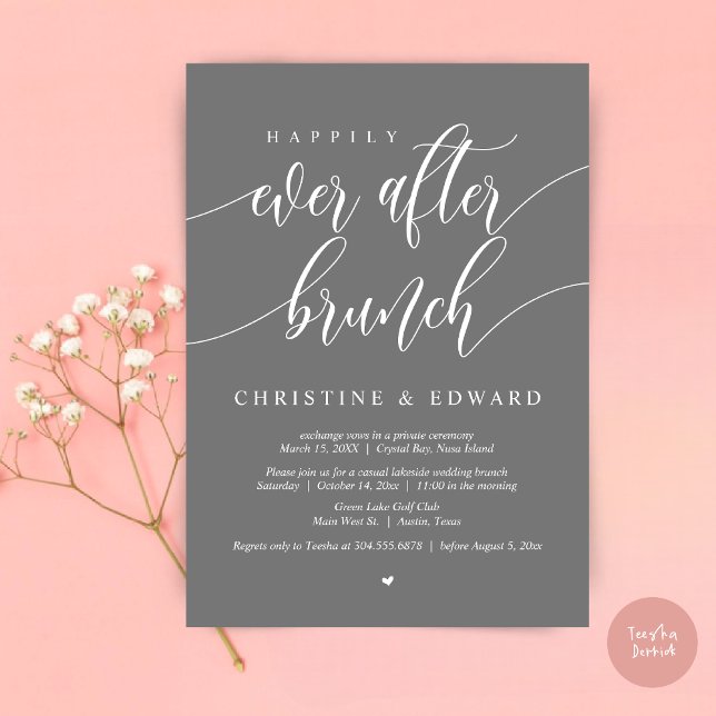 Happily Ever After Elopement Brunch, Dark Grey Invitation (Happily Ever After Elopement Brunch Invitation Card, Post-wedding, PDF, in Dark Grey)