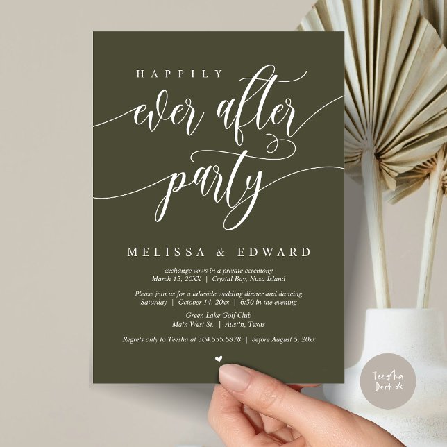 Happily Ever After Elopement Party, Olive Sage Invitation (Happily Ever After Elopement Party Invitation Card, PDF, Modern Wedding Dinner, in Olive Green)