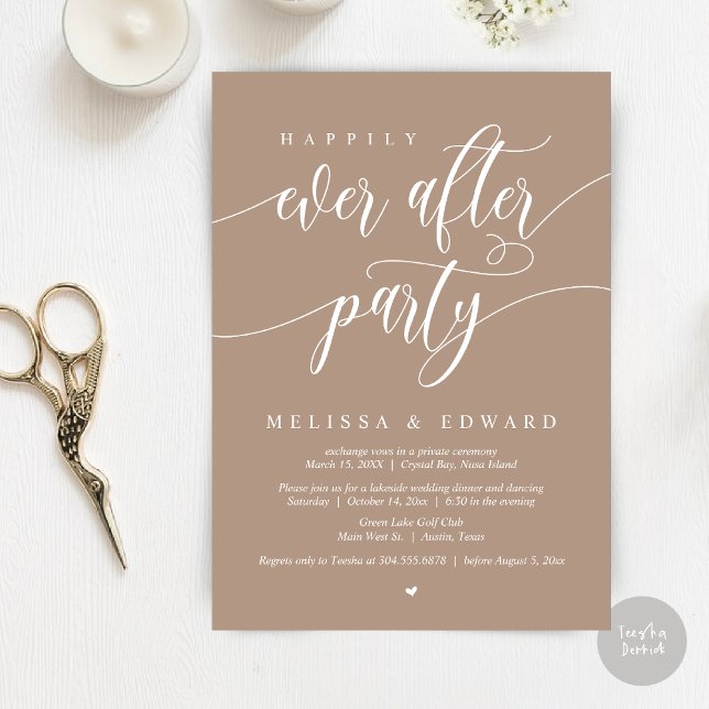 Happily Ever After Elopement Party, Warm Taupe Invitation (Happily Ever After Elopement Party Invitation Card, PDF, Modern Wedding Dinner, in Warm Taupe)