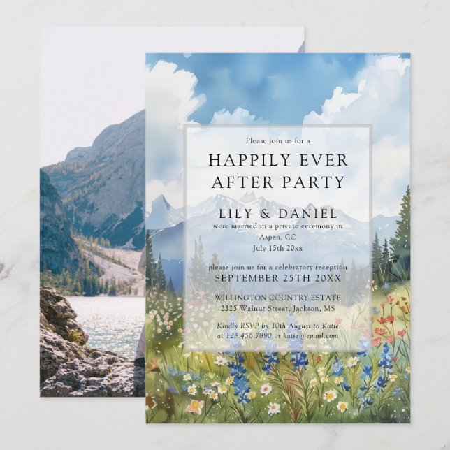 Happily Ever After Floral Mountain Wedding Photo Invitation (Front/Back)