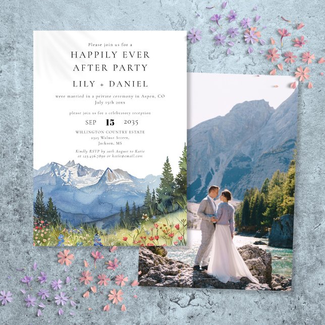 Happily Ever After Floral Mountain Wedding Photo Invitation (Happily Ever After Watercolor Mountain Photo Invitation)