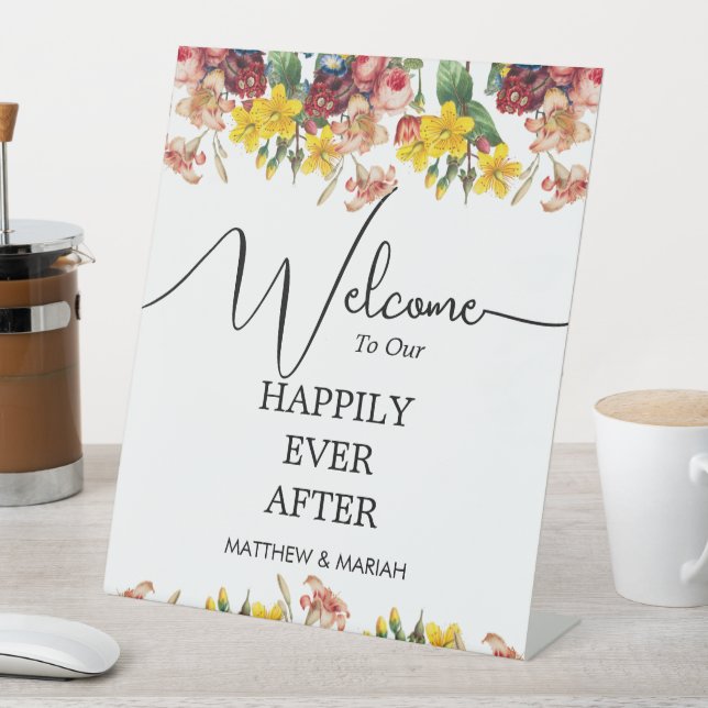 Happily Ever After Floral Nature Wedding Welcome Pedestal Sign (In SItu)