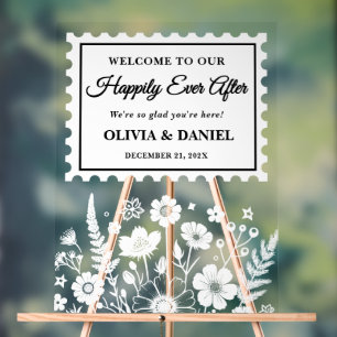 Happily Ever After Floral Postage Stamp Wedding Acrylic Sign