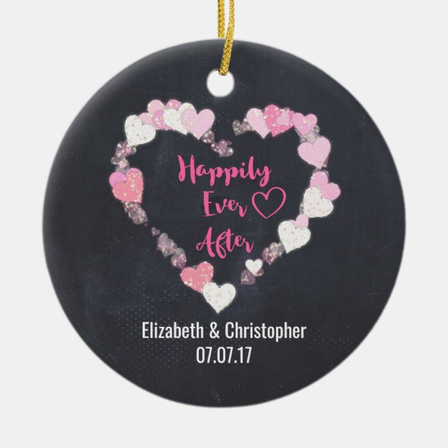 Happily Ever After Glittery Pink Hearts Wedding Ceramic Tree Decoration (Front)
