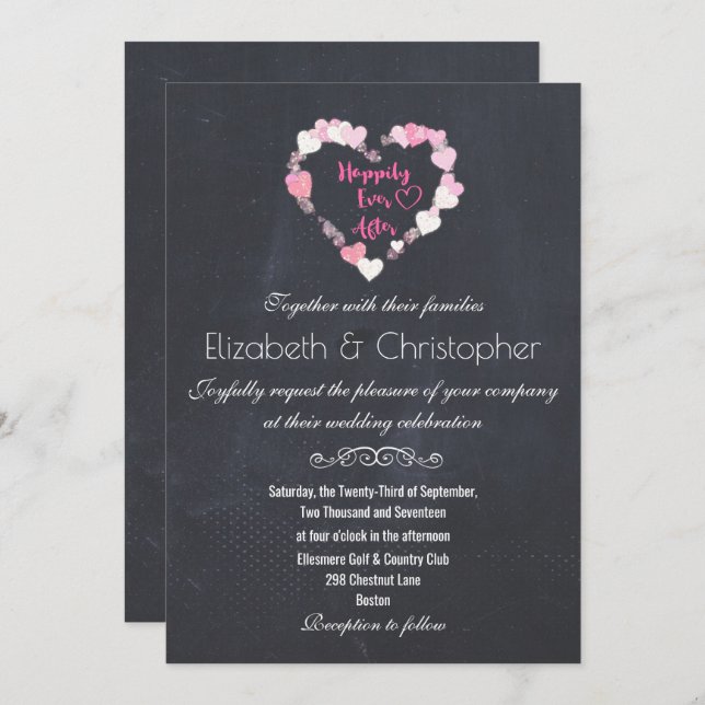 Happily Ever After Glittery Pink Hearts Wedding Invitation (Front/Back)