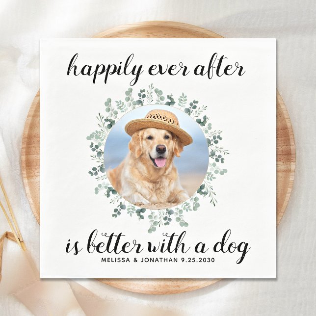 Happily Ever After Greenery Pet Photo Dog Wedding Napkin (Creator Uploaded)