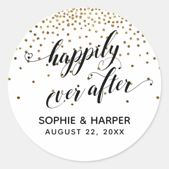 Happily Ever After Hearts and Gold Confetti Classic Round Sticker (Front)
