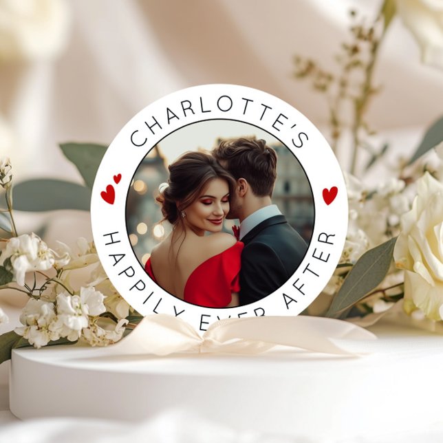 Happily ever after Hearts Photo Bridal shower Classic Round Sticker (Creator Uploaded)