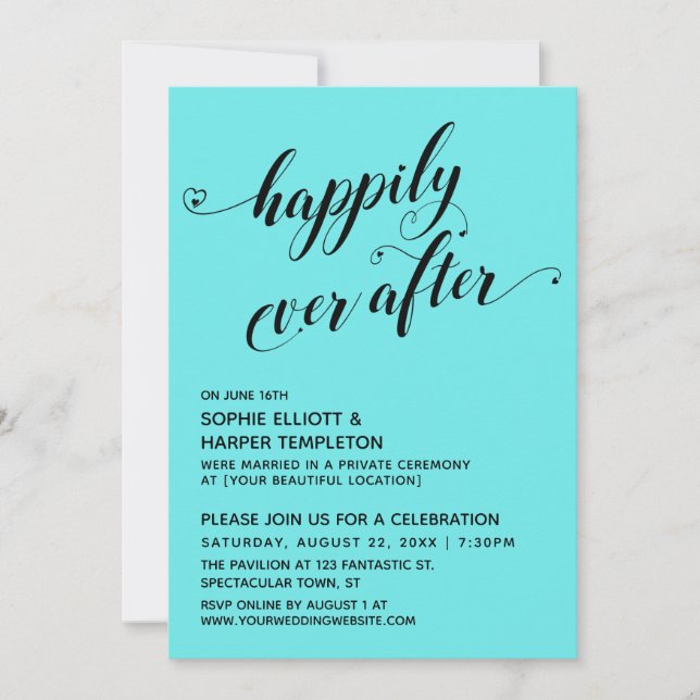 Happily Ever After Hearts Script Aqua Reception Invitation (Front)