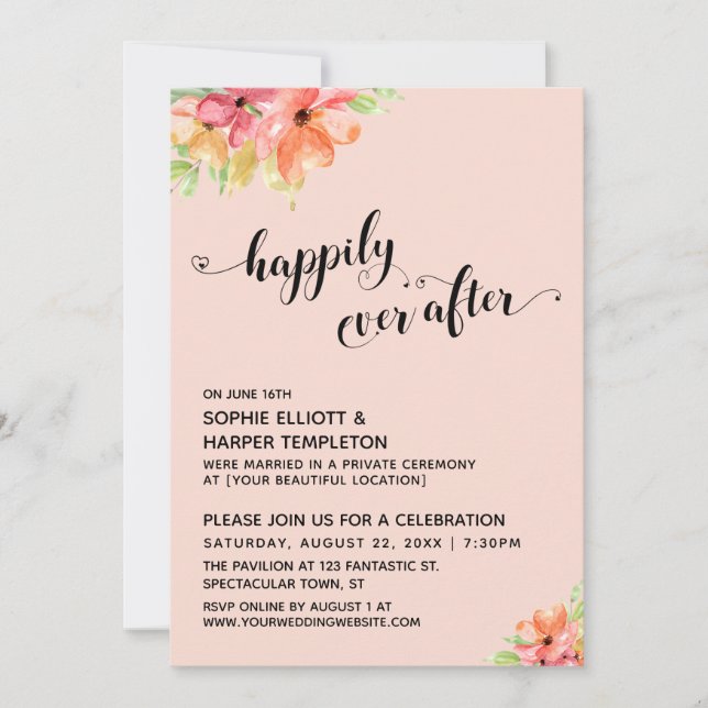 Happily Ever After Hearts Script Blush Boho Floral Invitation (Front)
