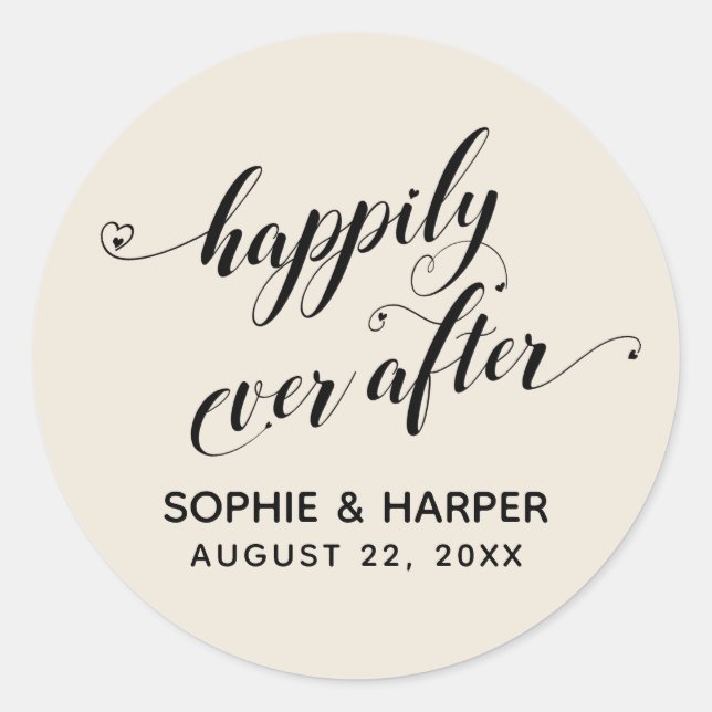 Happily Ever After Hearts Script Natural Cream Classic Round Sticker (Front)