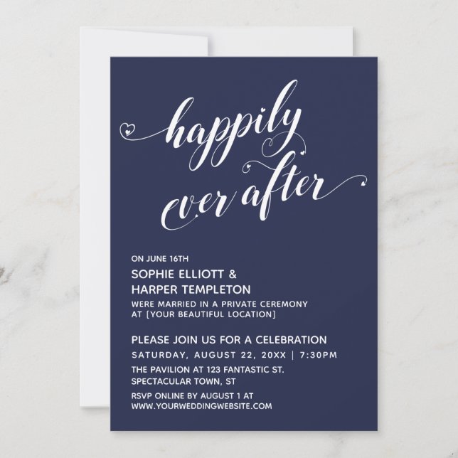 Happily Ever After Hearts Script Navy Reception Invitation (Front)