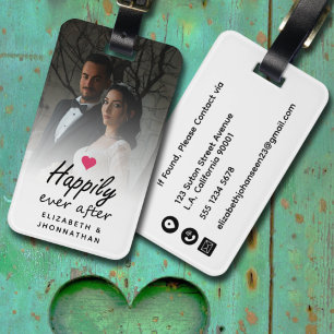 Happily Ever After Hot Pink Heart Photo Honeymoon Luggage Tag