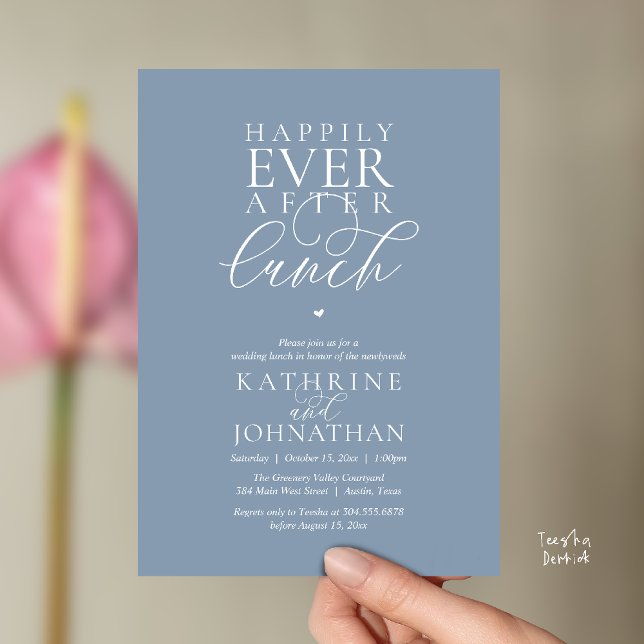Happily Ever After Lunch Classy Wedding Elopement Invitation (Happily Ever After Lunch Classy Wedding Elopement Invitation card in dusty blue)