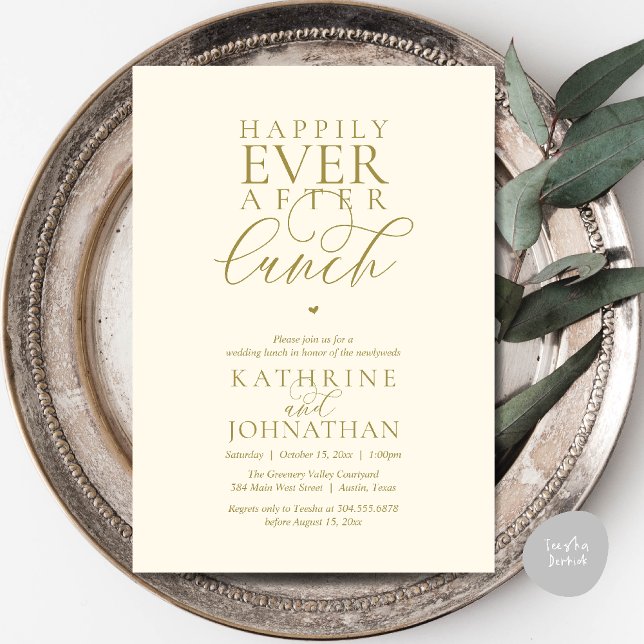 Happily Ever After Lunch Classy Wedding Elopement Invitation (Happily Ever After Lunch Classy Wedding Elopement Invitation card in yellow gold)