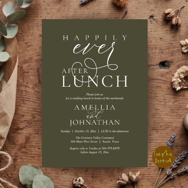 Happily Ever After Lunch Classy Wedding Elopement Invitation (Happily Ever After Lunch Classy Wedding Elopement Invitation Card in Olive Green)