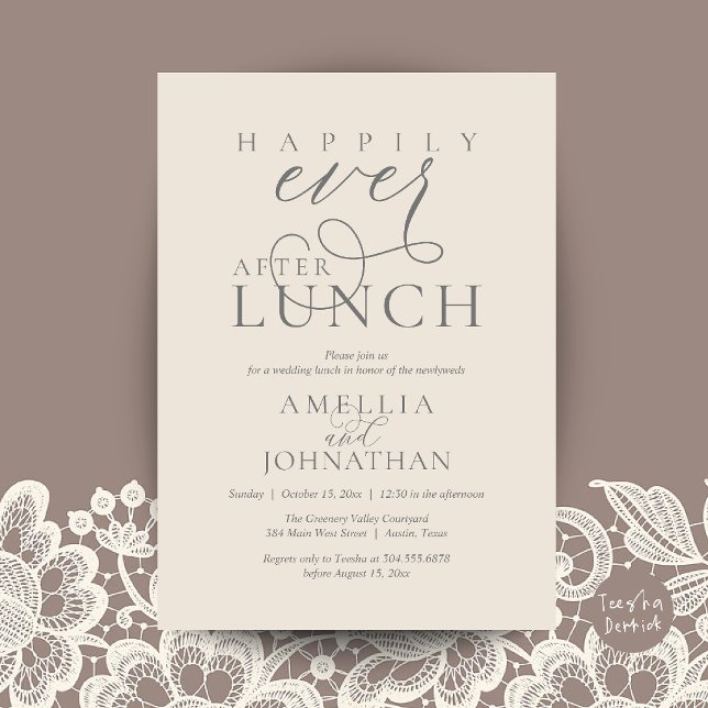 Happily Ever After Lunch Classy Wedding Elopement Invitation (Happily Ever After Lunch Classy Wedding Elopement Invitation Card in Cream and Grey)