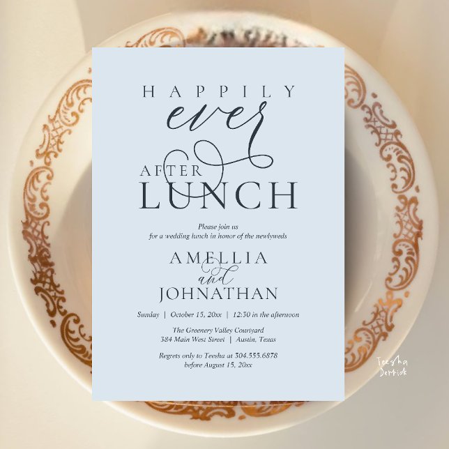 Happily Ever After Lunch Classy Wedding Elopement Invitation (Happily Ever After Lunch Classy Wedding Elopement Invitation Card in Misty Blue)