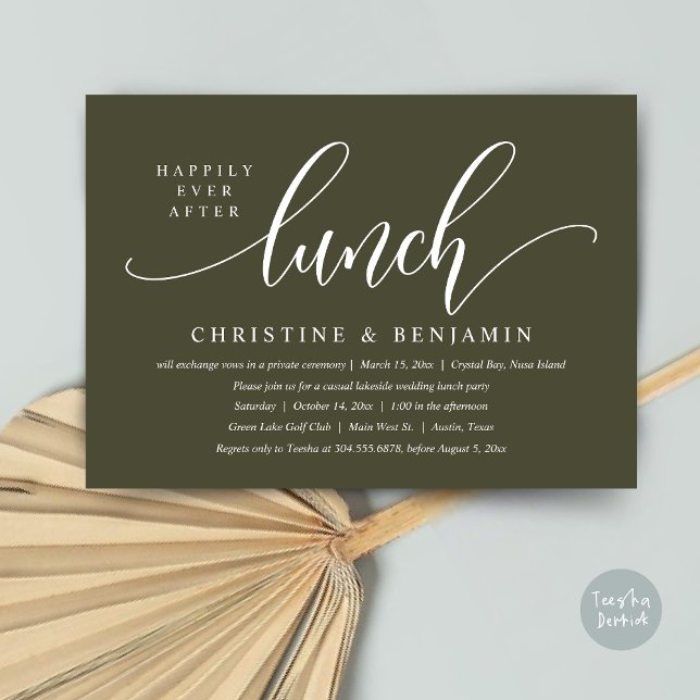 Happily Ever After Lunch Elopement, Modern Script Invitation (Happily Ever After Lunch, Modern Wedding Elopement Invitation Card, PDF, in Olive Green)