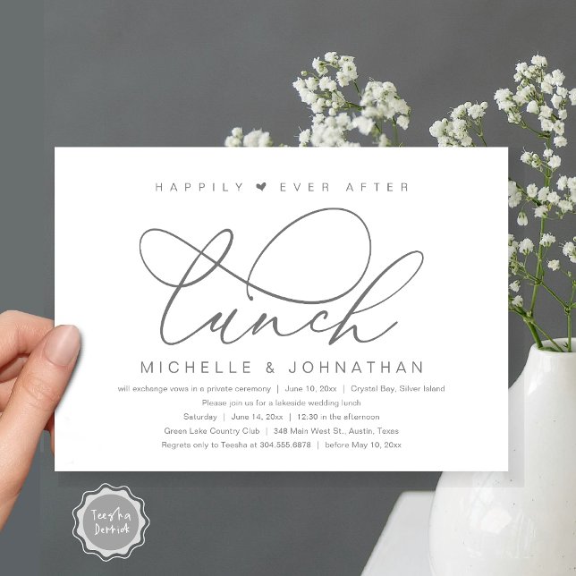 Happily Ever After Lunch, Modern Romantic Party Invitation (Happily Ever After Lunch Invitation Card, PDF, Wedding Elopement, Romantic Heart Script, Dark Grey)