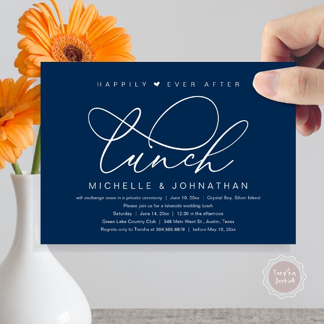 Happily Ever After Lunch, Modern Romantic Party Invitation (Happily Ever After Lunch Invitation Card, PDF, Wedding Elopement, Romantic Heart, Classy Navy Blue)