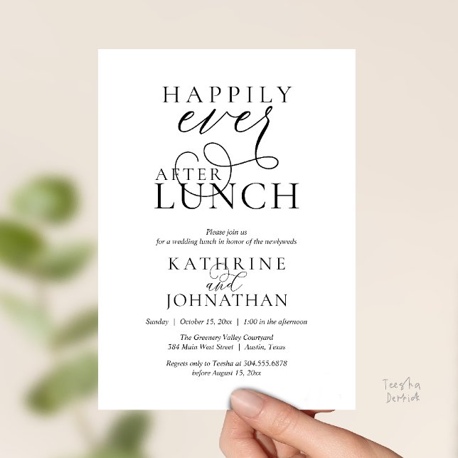 Happily Ever After Lunch Post Wedding Elopement Invitation (Happily Ever After, Modern Wedding Reception Lunch Invitation Card in Black and White)