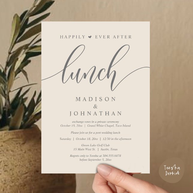 Happily Ever After Lunch, Post Wedding Invitation (Happily Ever After Lunch, Wedding Party Invitation Card PDF Modern Beautiful Cream Grey)