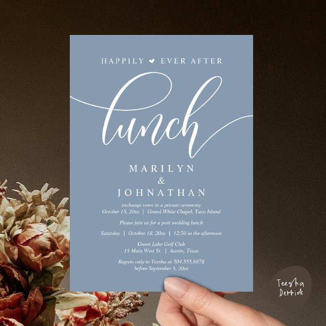 Happily Ever After Lunch, Post Wedding Invitation (Happily Ever After Lunch, Wedding Party Invitation Card PDF Modern Romantic Beautiful Dusty Blue)