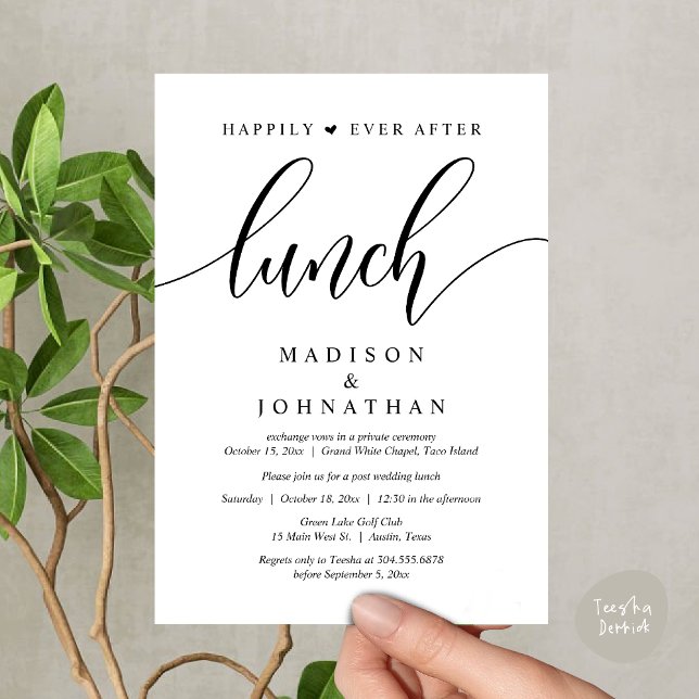 Happily Ever After Lunch, Post Wedding Invitation (Happily Ever After Lunch, Wedding Party Invitation Card PDF Modern Romantic White Black)