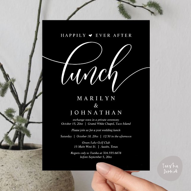Happily Ever After Lunch, Post Wedding Invitation (Happily Ever After Lunch, Wedding Party Invitation Card PDF Modern Romantic White Black)
