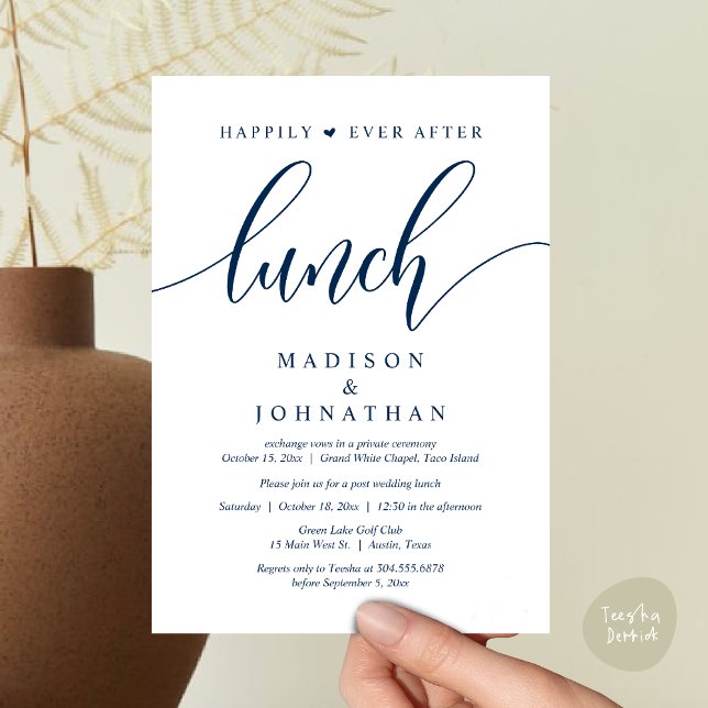 Happily Ever After Lunch, Post Wedding Invitation (Happily Ever After Lunch, Wedding Party Invitation Card PDF Modern Romantic Navy Blue)