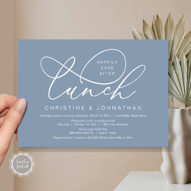 Happily Ever After Lunch, Wedding Elopement Invitation (Happily Ever After Lunch, Wedding Elopement Invitation Card, PDF, Classy Script, in Dusty Blue)