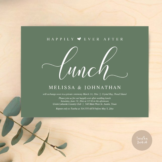 Happily Ever After Lunch, Wedding Elopement party Invitation (Happily Ever After Lunch Invitation Card, PDF, Modern Classy Script, in Sage Green)