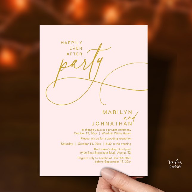 Happily Ever After Modern Elegant Wedding Dinner Invitation (Happily Ever After Modern Elegant Romantic Wedding Reception Dinner Invitation Card in Gold Blush)