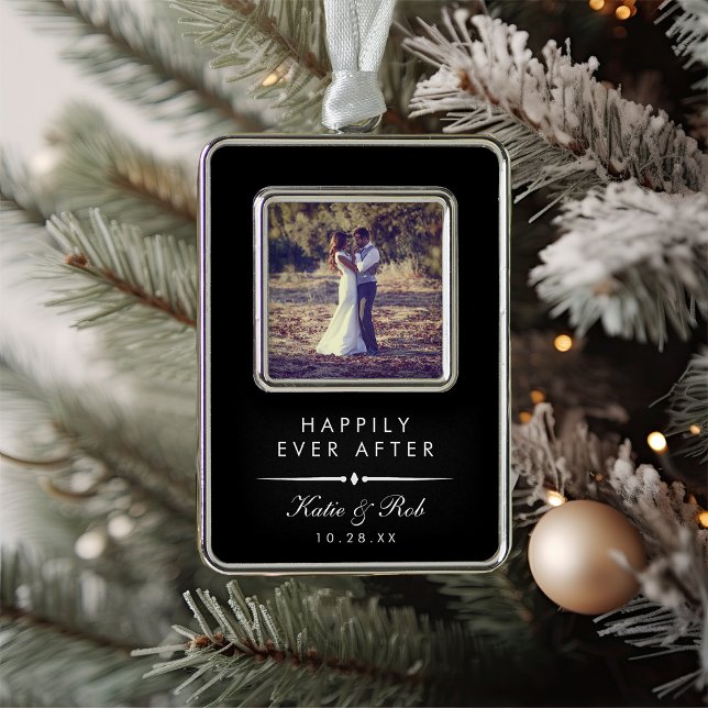 Happily Ever After | Modern Elegant Wedding Photo Silver Plated Framed Ornament (Creator Uploaded)