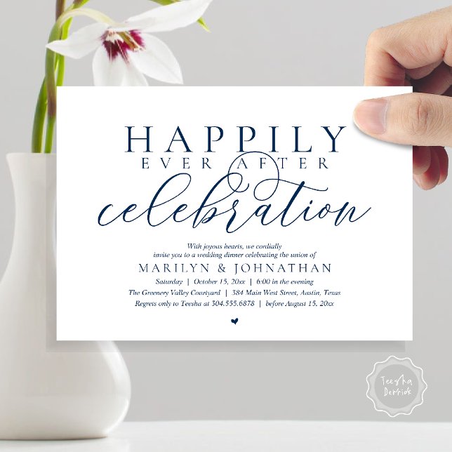 Happily Ever After Modern Wedding Celebration Invitation (Happily Ever After Modern Wedding Celebration Dinner Brunch, Lunch, Invites Card in Navy Blue)