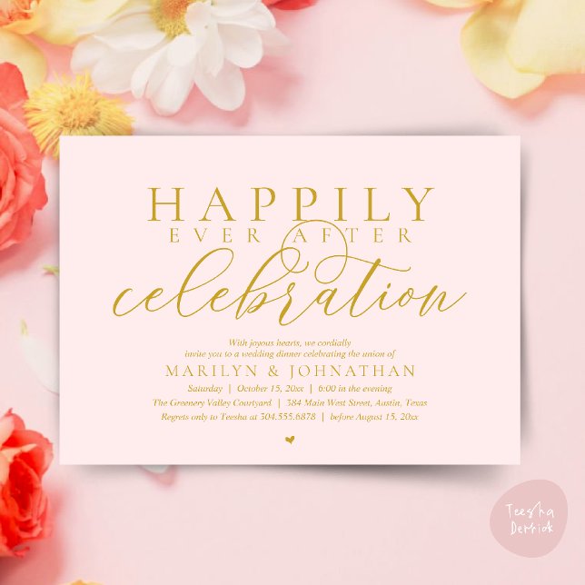 Happily Ever After Modern Wedding Celebration Invitation (Happily Ever After Modern Wedding Celebration Dinner Brunch, Lunch, Invites Card in Gold Blush)