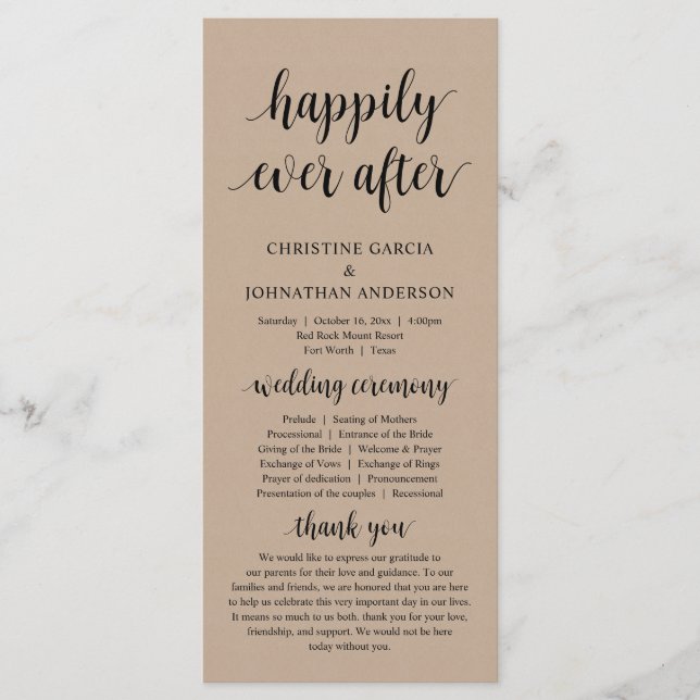 Happily ever after, Modern Wedding Ceremony, Kraft Programme (Front)