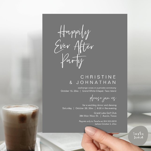 Happily Ever After, Modern Wedding Dinner Party Invitation (Wedding Happily Ever After Party Dinner Brunch Elopement Invitation Card, PDF, Dark Grey)