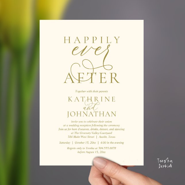 Happily Ever After, Modern Wedding Reception Invitation (Happily Ever After, Modern Wedding Reception hors d'oeuvres Drinks Dancing Invites Card Yellow Gold)