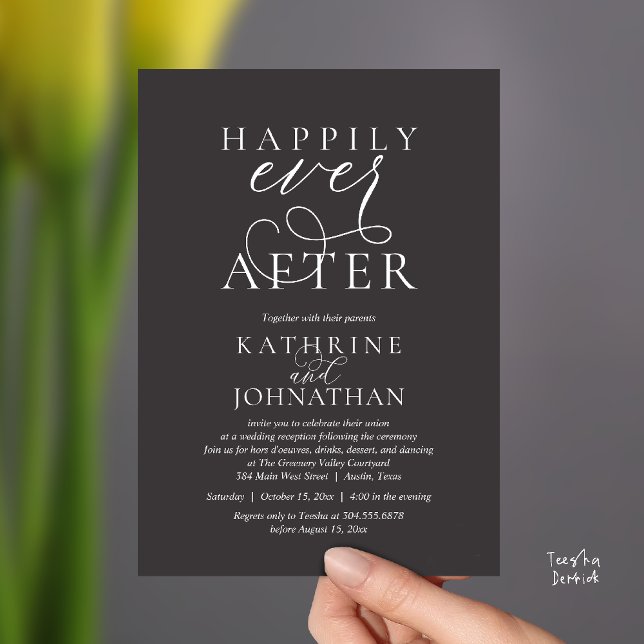 Happily Ever After, Modern Wedding Reception Invitation (Happily Ever After, Modern Wedding Reception hors d'oeuvres Drinks Dancing Invites Card Charcoal)