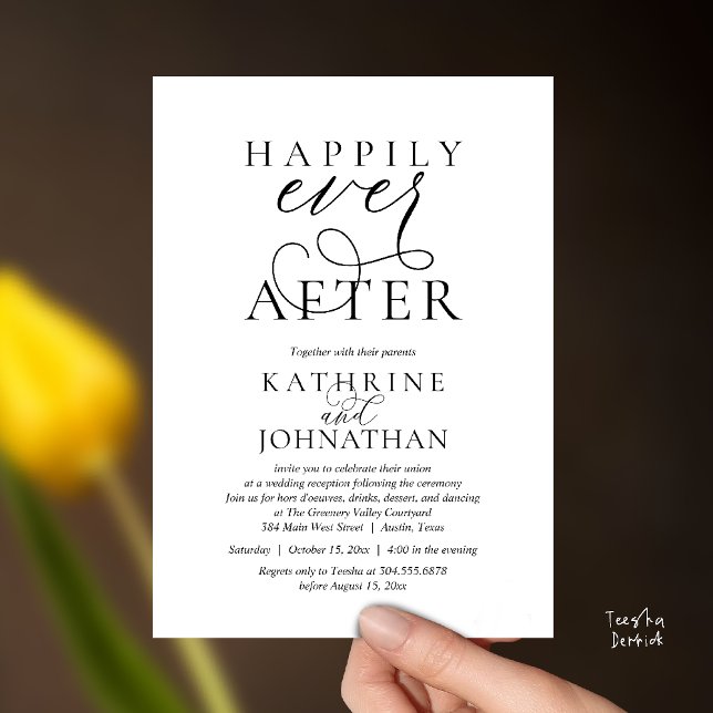 Happily Ever After, Modern Wedding Reception Invitation (Happily Ever After, Modern Wedding Reception hors d'oeuvres Drinks Dancing Invites Card Black White)