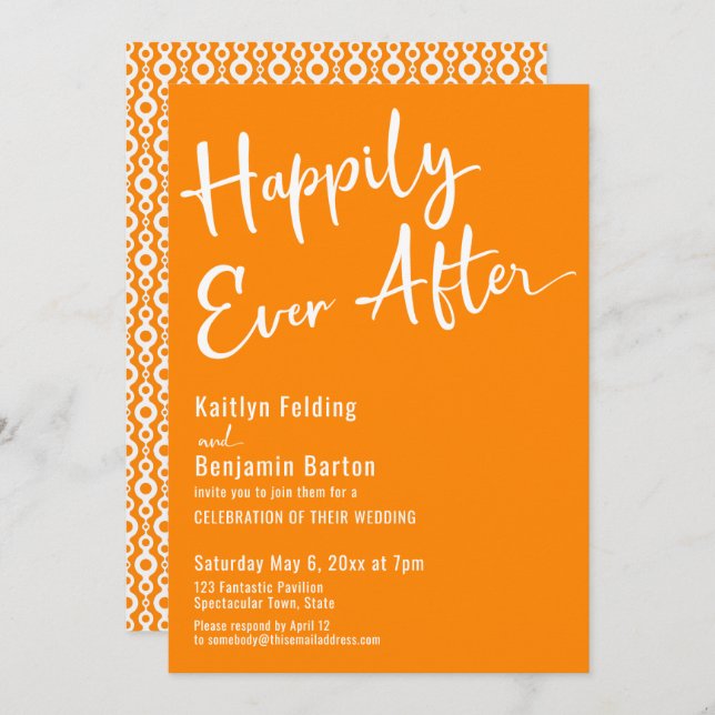 Happily Ever After Orange w/ Retro Pattern Invitation (Front/Back)