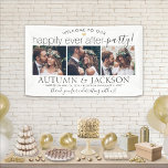 Happily Ever After Party 3 Photo Wedding Reception Banner<br><div class="desc">Welcome guests to your wedding reception with an elegant custom 3 photo collage banner. Pictures and all text are simple to personalize. (IMAGE PLACEMENT TIP: An easy way to center a photo exactly how you want is to crop it before uploading to the Zazzle website.) The modern minimalist black and...</div>