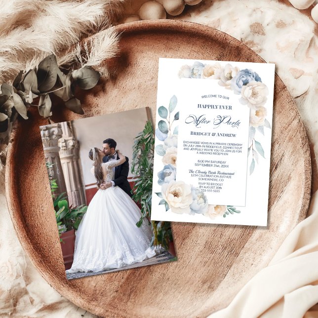 Happily Ever After Party Blue Floral Wedding Invitation (Creator Uploaded)