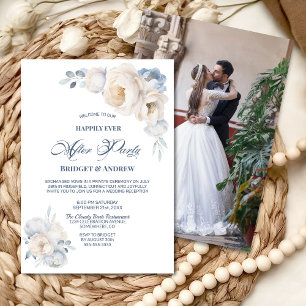 Happily Ever After Party Blue White Floral Wedding Invitation