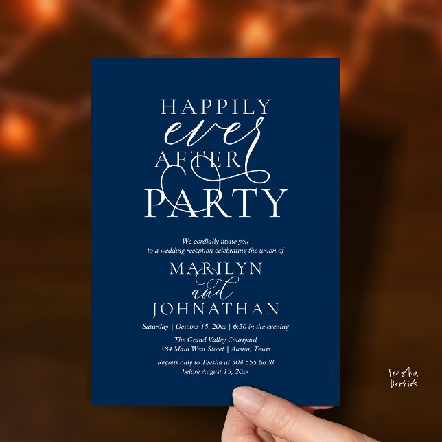 Happily Ever After Party, Classy Wedding Dinner Invitation (Happily Ever After Party, Classy Wedding Dinner Party Invitation Card in Navy Blue)