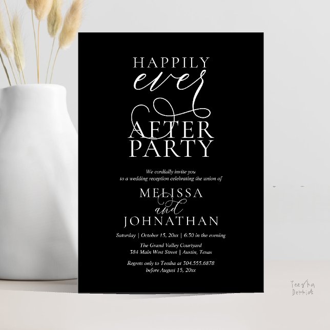 Happily Ever After Party, Classy Wedding Reception Invitation (Happily Ever After Party, Classy Wedding Reception Modern Dinner Invitation Card PDF Black White)