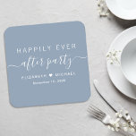 Happily Ever After Party Dusty Blue Wedding<br><div class="desc">Chic dusty blue paper coasters for your wedding reception and other post-wedding celebrations with "Happily Ever After Party" in simple white typography and a stylish white swash script,  your names joined by a heart and your reception date.</div>